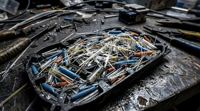 A cluttered workspace filled with discarded electronic components and wires, showcasing the chaotic reality of IT hardware disposal and digital clutter. Tools and debris surround a tray overflowing.