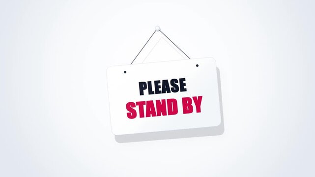 Hanging rectangular white sign with black blue red text for broadcast television interruption. Suitable for tv show concept design.