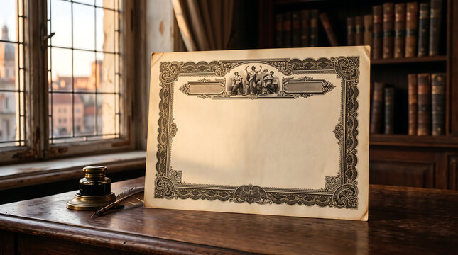 Vintage blank stock certificate with ornate black border, displayed on a dark wooden desk with an inkwell and quill pen in a library setting