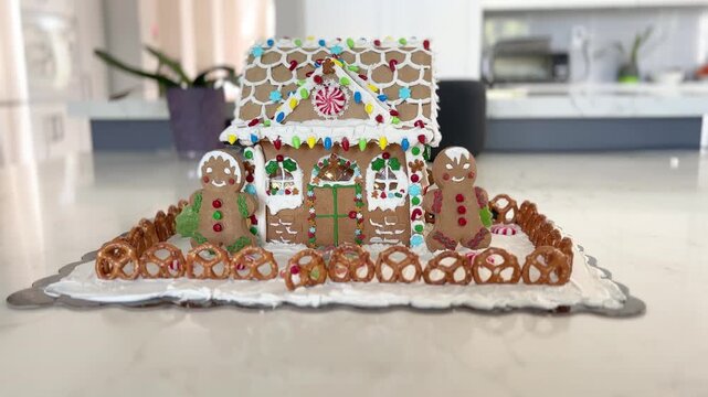 Gingerbread house gleams with candy and pretzels
