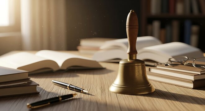 Vintage brass hand bell sitting on a wooden desk with open books and fountain pens in soft sunlight