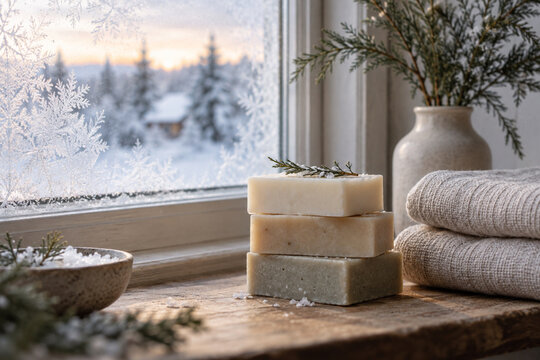 Frosted window beside a stack of handmade soap bars and natural linen