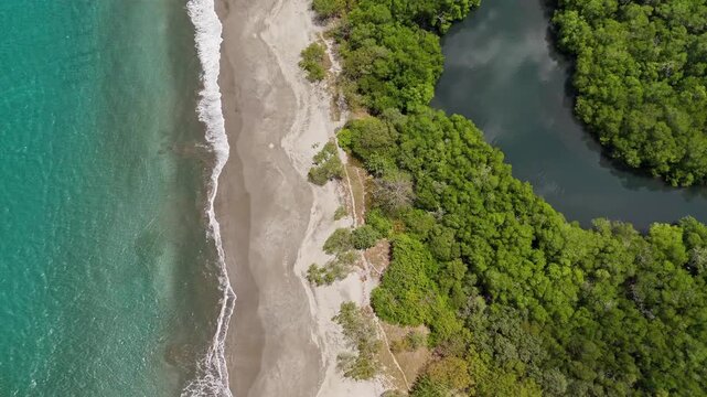 Aerial view of tropical beach, turquoise ocean and mangrove forest in Playa Cabuyal, Costa Rica