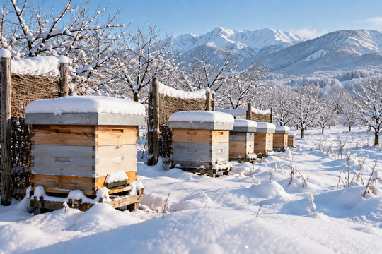 Snow-covered orchard beehives protected by windbreaks in clear morning