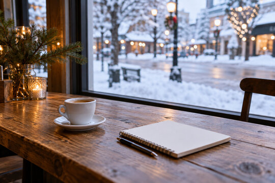 Empty wooden caf&eacute; table by snowy street window with ceramic espresso