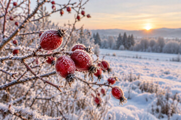 Naklejka premium Frost-covered wild rose hips on a leafless branch beside snowy meadow