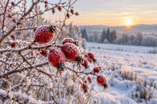 Frost-covered wild rose hips on a leafless branch beside snowy meadow