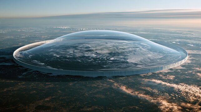 Photoshopped looking image of a flat Earth from high altitude featuring a visible ice wall and dome with an artificial feel.