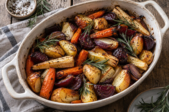Overhead stock food photograph of roasted winter root vegetables