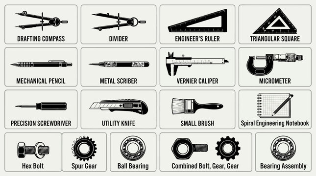 Collection of technical drafting and measuring tools in monochrome