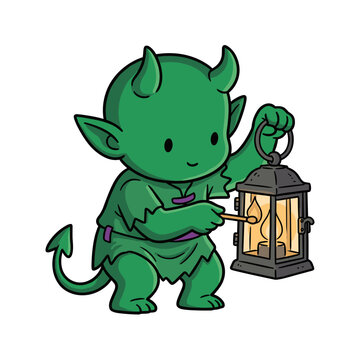 Cute green demon lighting a lantern with a match on white background