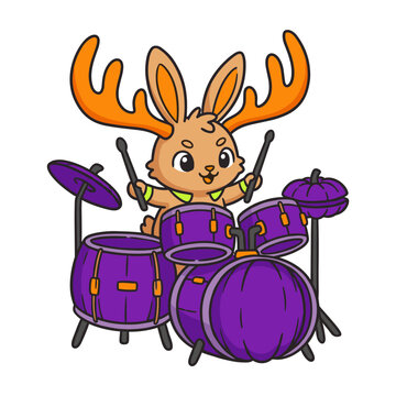 Cute jackalope character playing purple pumpkin drums on white background