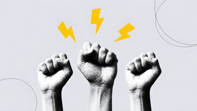 Three Powerful Raised Fists with Lightning Bolts Symbolizing Collective Strength and Social Activism.
