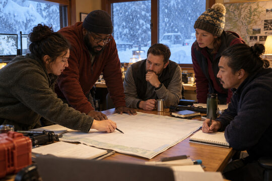 Diverse emergency response team reviewing a map inside