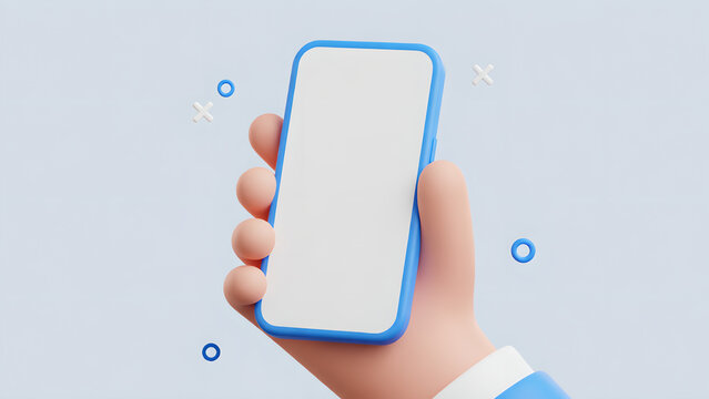 3D Cartoon Hand Holding Smartphone with Blank Screen for Mobile App Display.
