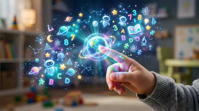 Child's hand touching a holographic earth with floating educational symbols for digital learning