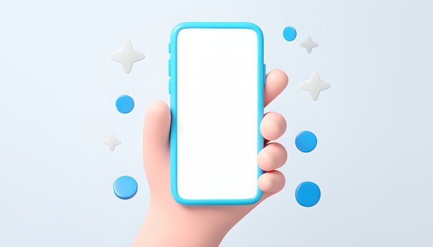 3D Cartoon Hand Holding a Modern Smartphone with Blank White Screen for App Mockup.