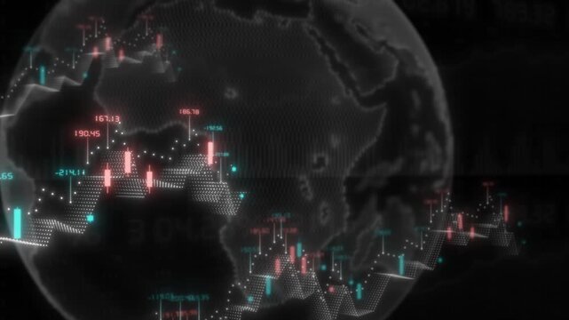 Animated colourful candlestick chart pattern graph with rotating globe infographic dashboard showing word economy modern design business stock market backrground