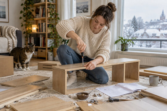 Adult woman assembling a flat-pack wooden shelf in a bright apartment