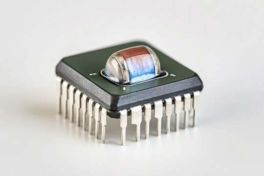 Microchip with blue and silver components, surrounded by metallic pins.