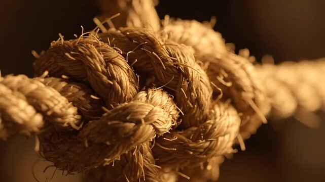 Rope Knot Slowly Rotating Against a Dark Background, Creating a Looping Animation for Nautical or Industrial Design.