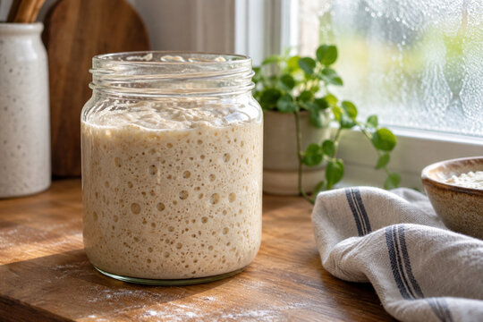 Sourdough starter bubbling in an unlabelled glass jar beside a frosted