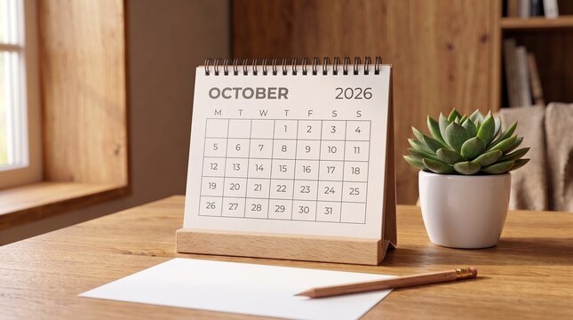 A photograph of an October 2026 desk calendar on a wooden table, featuring a small succulent, a blank paper, and a pencil in a warm office setting.