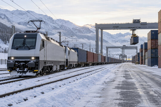 A snowy rail freight terminal with electric locomotives and orderly