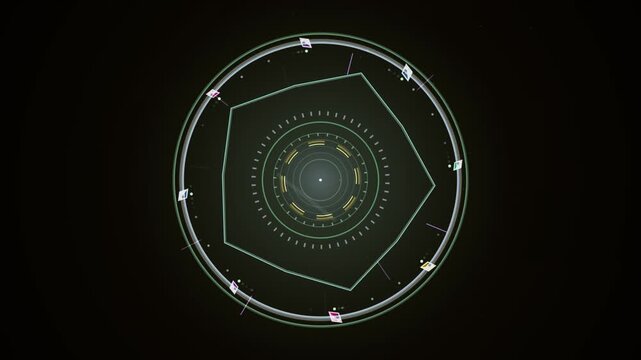 Abstract Digital Data Processing Interface with Geometric Shapes and Concentric Circles