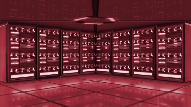 Animated red color server room  glowing data transfer with server racks traffic on servers and mirror reflection on roof and ground hi tech design black 3d technology background