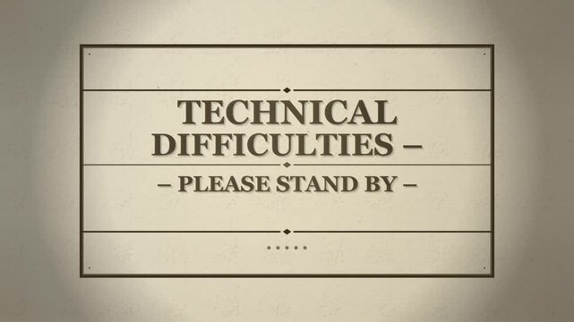 Technical difficulties broadcast screen in vintage tv style monochrome text suitable for retrothemed graphic design projects. Vintage television concept.