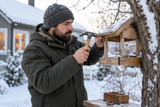An adult in a jacket repairing a wooden bird feeder outside a snowy
