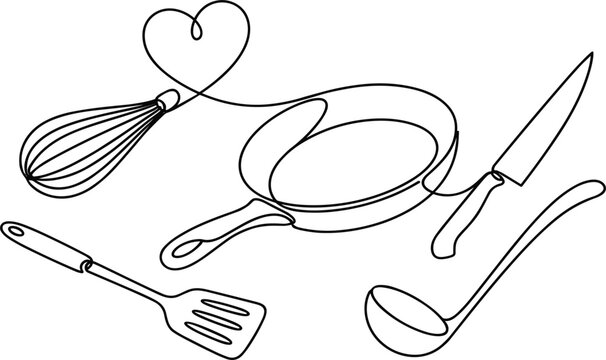 Kitchen utensils collection featuring frying pan whisk knife spatula and ladle for culinary cooking lovers vector outline design