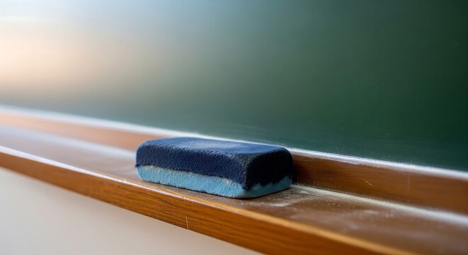 Blue felt chalkboard eraser resting on wooden ledge against a green blackboard in a quiet empty classroom