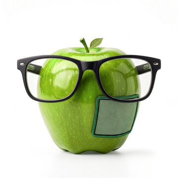 Green apple wearing eyeglasses and medical eye patch isolated cutout vision health