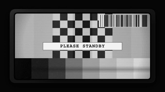 Monochrome television test card pattern overlay for broadcast signal text standby. Suitable for vintage, retro, and tvthemed design projects.