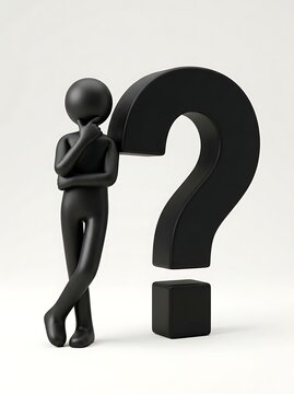 Black 3D stickman thinking while leaning against a large question mark