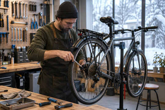 Bicycle mechanic repairing an commuter bicycle in a indoor workshop