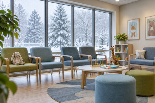 A clean pediatric clinic waiting room with snow falling beyond wide