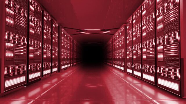 Animated red color glowing data transfer 3d server room tunnel with server racks traffic on servers and mirror reflection on roof and ground hi tech design black 3d technology background