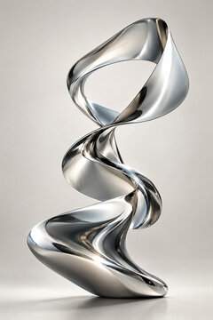 Abstract 3D Chrome Ribbon Sculpture with Reflective Metallic Curves