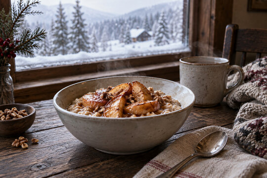 A bowl of warm oatmeal with baked apples on a dark wood table