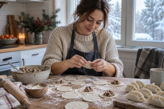 A woman making handmade dumplings at a flour-dusted kitchen table