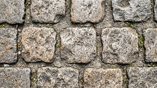 Plano detalle macro de pavimento antiguo de adoquines de piedra gris desgastados. Textura rugosa e irregular con juntas de cemento tosco y marcas de erosi&oacute;n secular[cite: 1, 3, 5].
