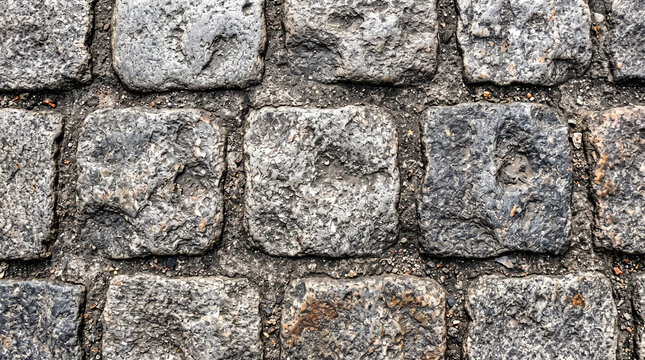 Plano detalle macro de pavimento antiguo de adoquines de piedra gris desgastados. Textura rugosa e irregular con juntas de cemento tosco y marcas de erosi&oacute;n secular[cite: 1, 3, 5].