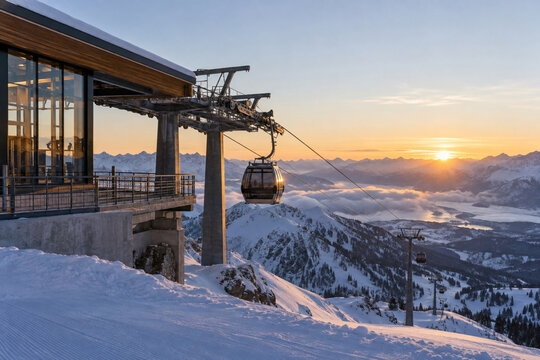 A mountain cable railway station at dawn with no signs or people