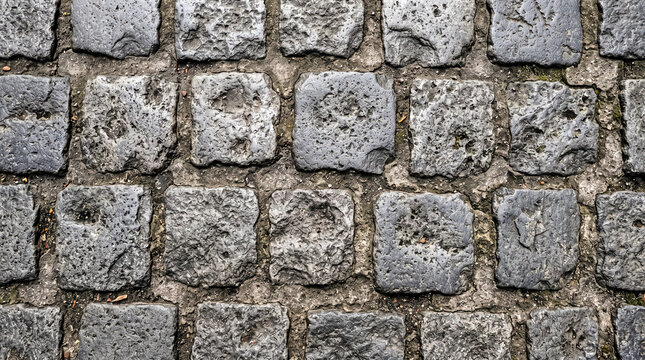 Plano detalle macro de pavimento antiguo de adoquines de piedra gris desgastados. Textura rugosa e irregular con juntas de cemento tosco y marcas de erosi&oacute;n secular[cite: 1, 3, 5].