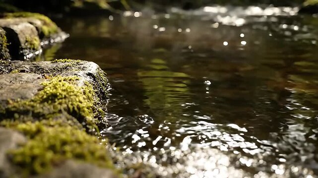 Water Flowing Over Mossy Rocks in a Forest Stream, Creating a Tranquil and Natural Looping Animation. Gentle Current, Serene Environment.