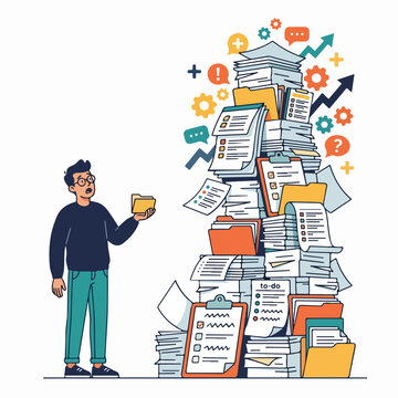 Freelancer project scope creep concept. Overwhelmed man looking at massive stack of documents. Flat design vector illustration
