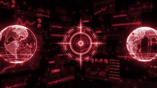 Animated red color futuristic globe futuristic head up display (HUD UI) technology interface screen and advanced data analysis algorithms dashboard black technology 3D backround